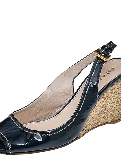 Prada Navy Blue Patent Leather Peep Toe Wedges Espadrilles Slingback Sandals Size 36