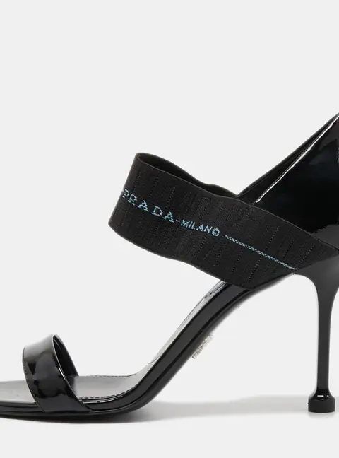 Prada Black Patent Leather and Logo Elastic Ankle Strap Sandals Size 39