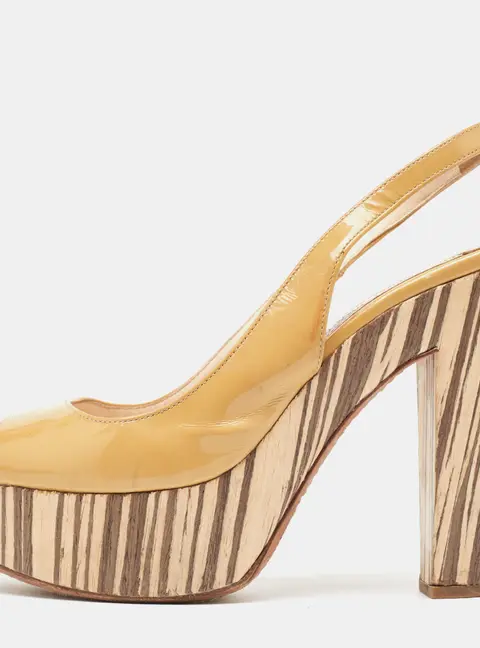 Prada Beige Patent Leather Open Toe Platform Slingback Sandals Size 37