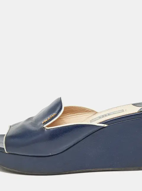 Prada Navy Blue Saffiano Patent Leather Logo Wedge Sandals Size 38