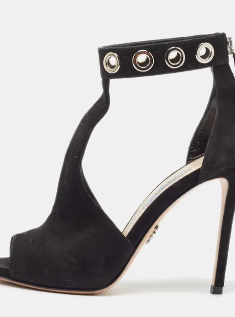Prada Black Suede Eyelet Detail T-Bar Ankle Strap Sandals Size 36