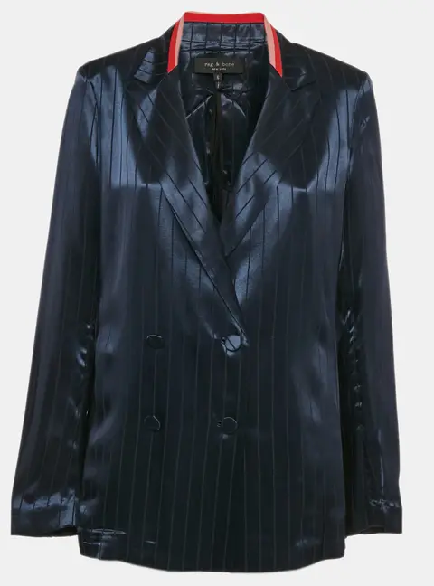 Rag & Bone Navy Blue Striped Satin Double Breasted Blazer M