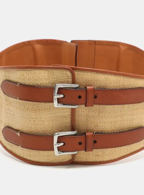 Ralph Lauren Medium Waist Belt Brown Leather and Straw