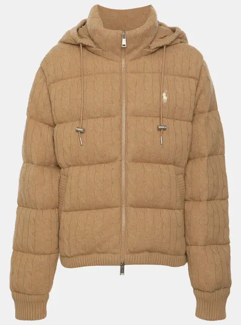 Polo Ralph Lauren Beige Cable Knit Wool and Cashmere Removable Hooded Puffer Jacket M