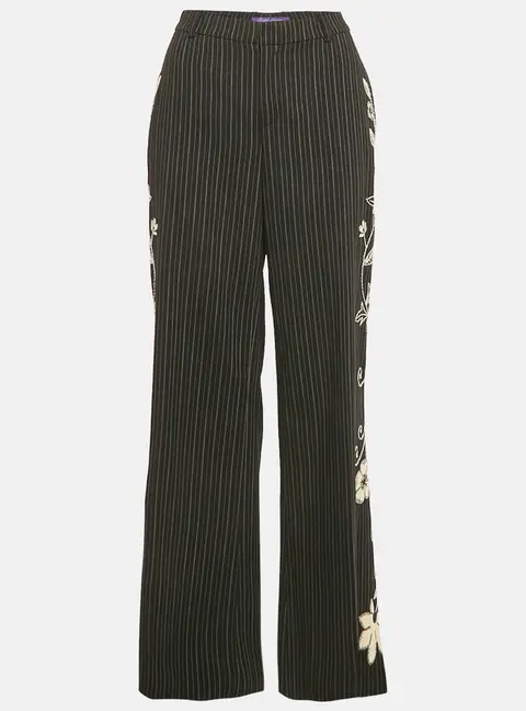 Ralph Lauren Black Embroidered Stripe Wool Wide-Leg Trousers M