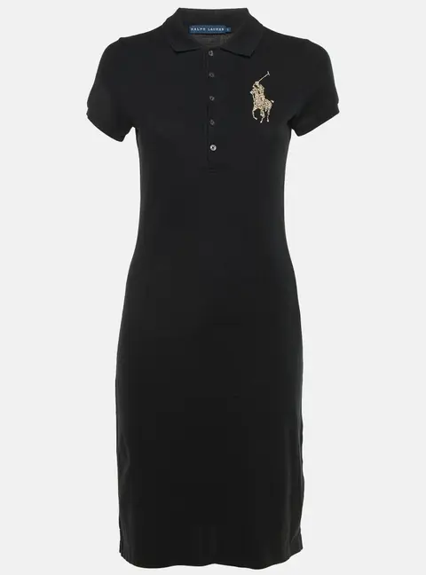 Ralph Lauren Black Cotton Embellished Logo Polo Dress S