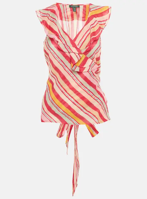 Lauren Ralph Lauren Pink/Multicolor Stripe Print Cotton Wrap Top S