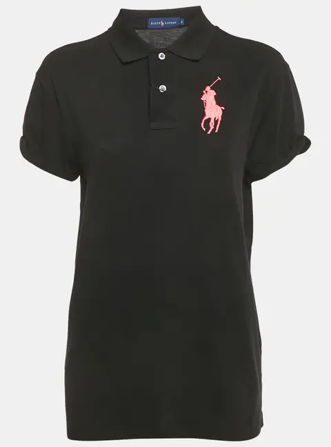 Ralph Lauren Black Embroidered Pony Cotton Rolled Up Sleeve Polo T-Shirt S