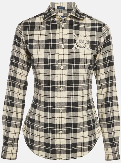 Ralph Lauren Navy Blue /Beige Flannel Cotton Blend Slim Fit Shirt S