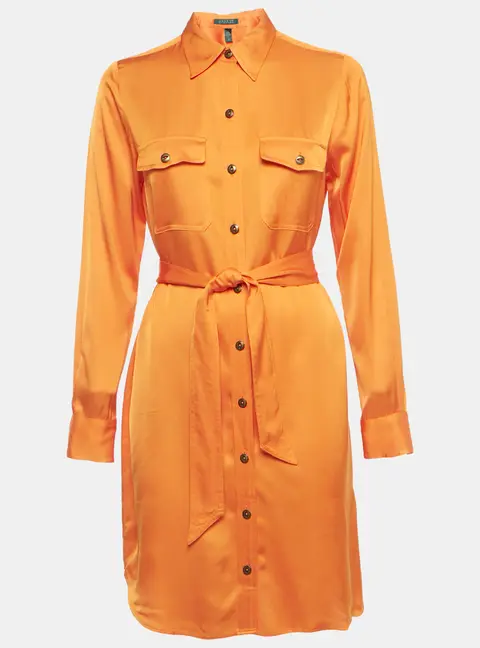 Ralph Lauren Orange Satin Belted Shirt Dress S