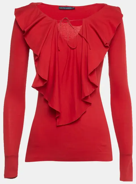 Ralph Lauren Red Jersey Ruffled Long Sleeve Top XS