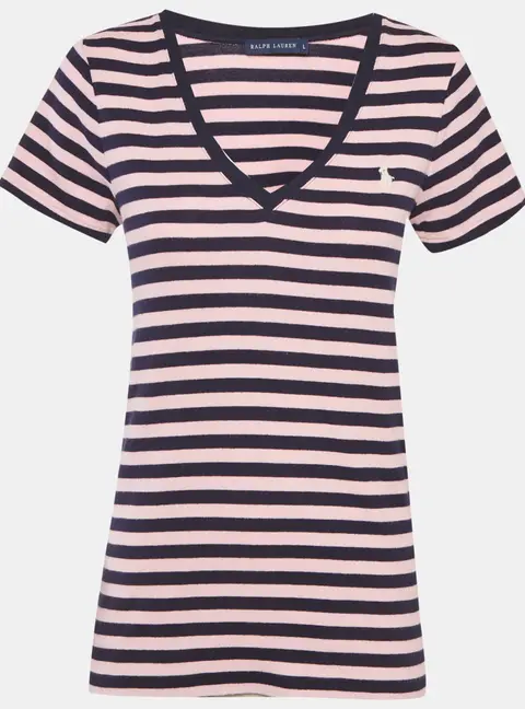 Ralph Lauren Pink & Navy Blue Striped Cotton Knit V-Neckk T-Shirt L