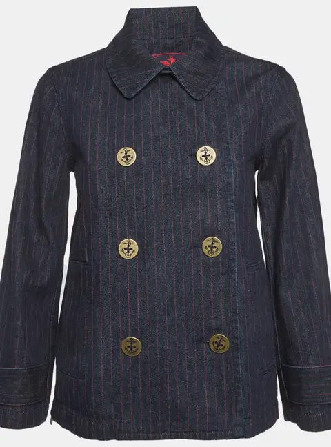 Ralph Lauren Navy Blue Striped Denim Double Breasted Jacket S