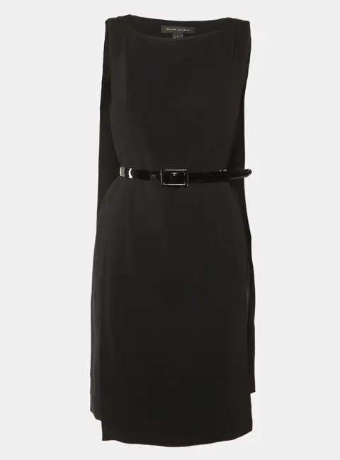 Ralph Lauren Black Crepe Cape Detail Belted Midi Dress M