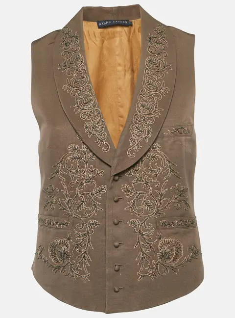 Ralph Lauren Brown Gabardine Floral Embroidered Waistcoat M
