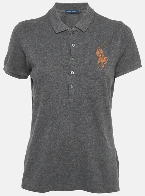 Ralph Lauren Grey Logo Rhinestone Pique Polo T-Shirt L
