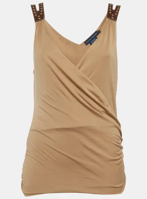 Ralph Lauren Brown Jersey and Leather Draped Top S