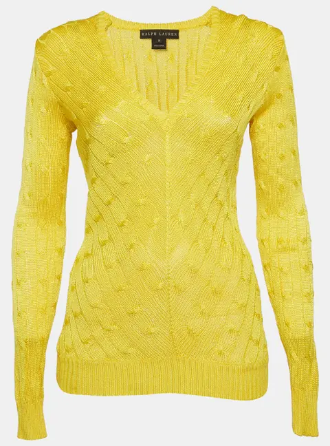 Ralph Lauren Yellow Cable Knit Silk V-Neck Sweater M