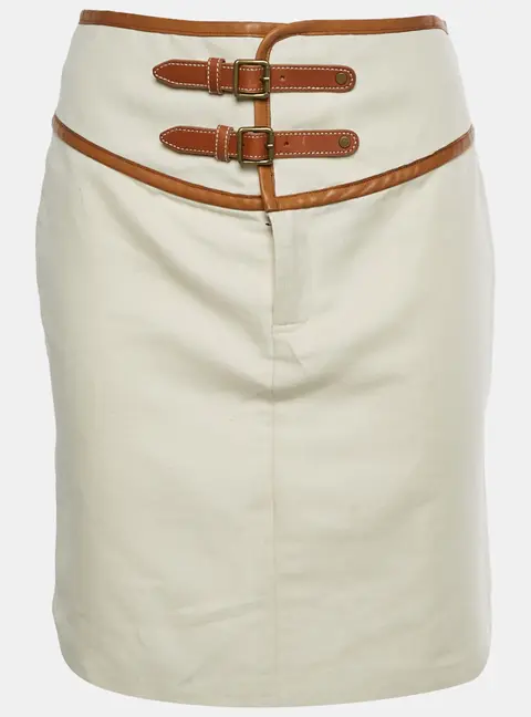 Ralph Lauren Beige Canvas and Leather Trim Mid Length Skirt S