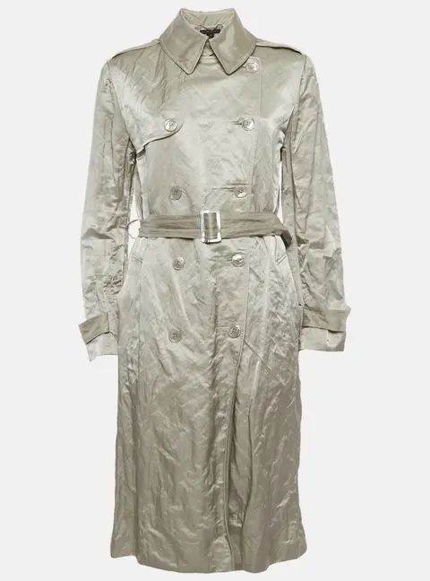 Ralph Lauren Silver Satin Belted Double Breasted Trench Coat L