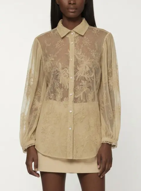 Ralph Lauren Beige Floral Embroidered Lace Sheer Blouse M