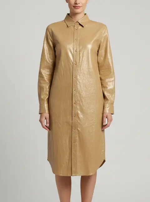 Ralph Lauren Metallic Beige Linen Long Sleeve Shirt Midi Dress M
