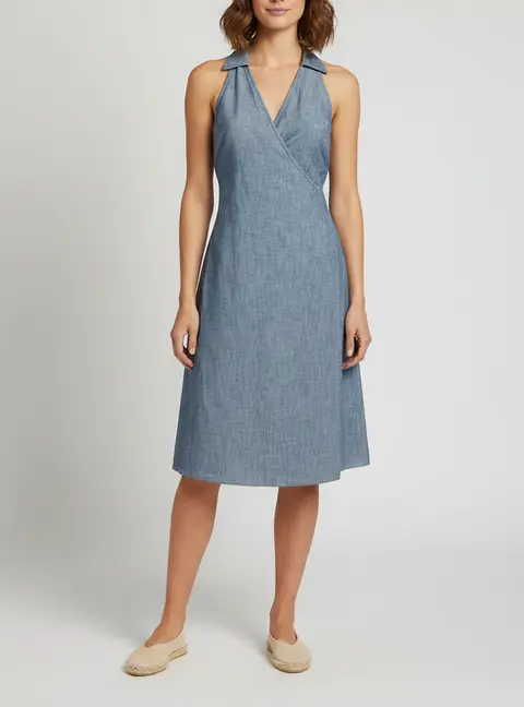 Ralph Lauren Sport Blue Chambray Sleeveless Wrap Midi Dress M
