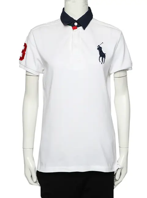 Ralph Lauren White Cotton Pique Contrast Collar Detail Polo T-Shirt L