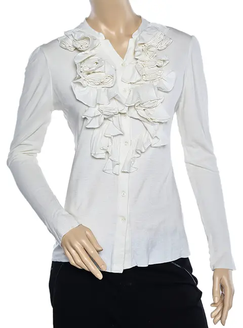 Ralph Lauren Off White Knit Ruffled Neck Button Front Top L