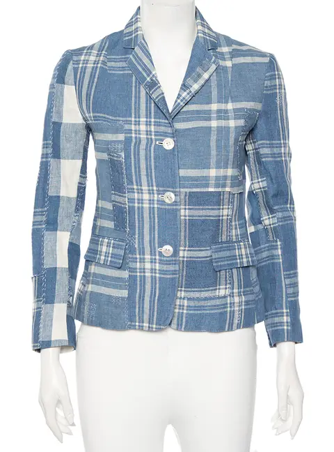 Ralph Lauren Blue Checkered Line Patchwork Detail Blazer S