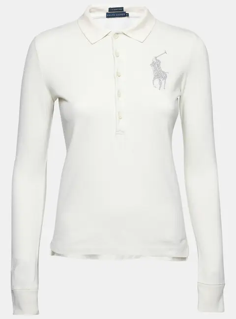 Ralph Lauren Cream Cotton Pique Logo Embellished Skinny Polo T-Shirt XS