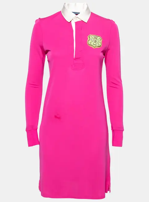 Ralph Lauren Pink Jersey Embroidered Long Sleeve Dress S
