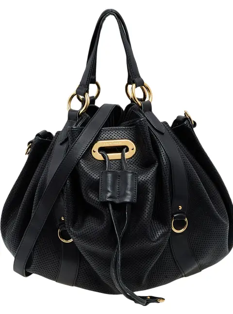 Ralph Lauren Black Perforated Leather Drawstring Hobo