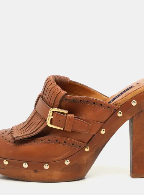 Ralph Lauren Brown Leather Fringe Detail Platform Clogs Size 37