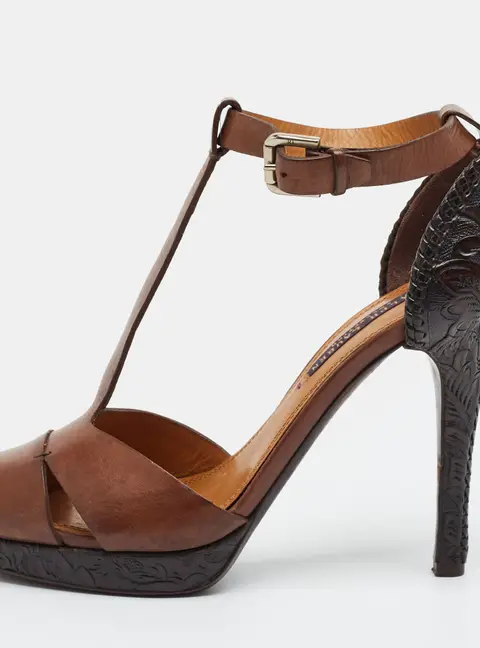 Ralph Lauren Size 38.5 Dark Brown Leather T-Strap Platform Peep Toe Pumps