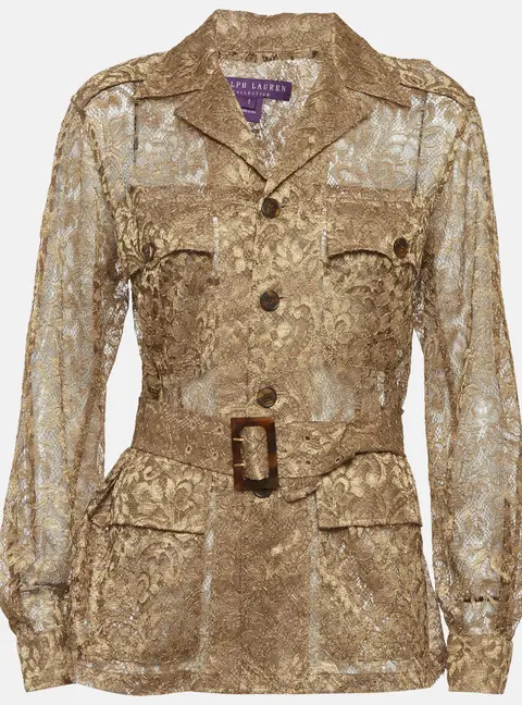 Ralph Lauren Collection Gold Lace Belted Sheer Shirt M