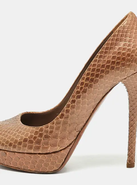 Ralph Lauren Collection Size 37 Beige Python Leather Peep Toe Pumps