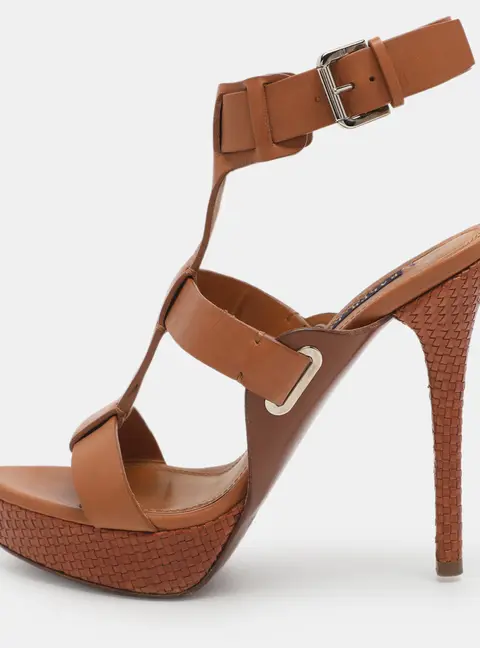 Ralph Lauren Collection Size 37 Brown Leather Ankle Strap Sandals