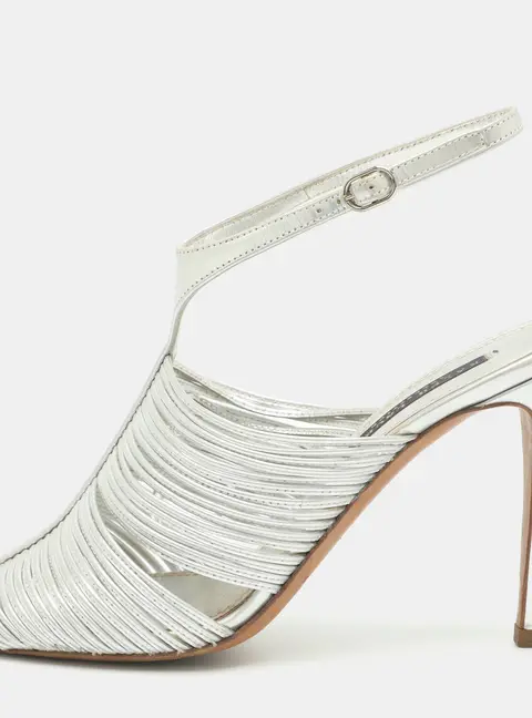 Ralph Lauren Collection Size 38.5 Silver Metallic Leather Strappy Slingback Sandals