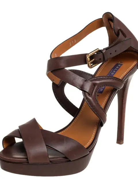 Ralph Lauren Collection Brown  Leather Ankle Strap  Sandals Size 40.5