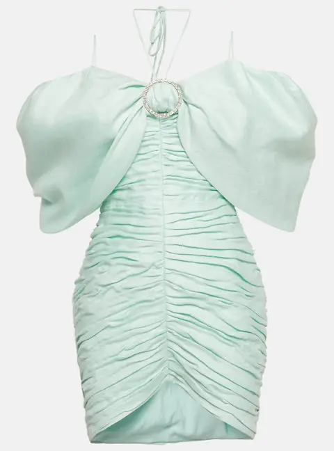 Rasario Light Green Linen Blend Ruched Off Shoulder Dress M