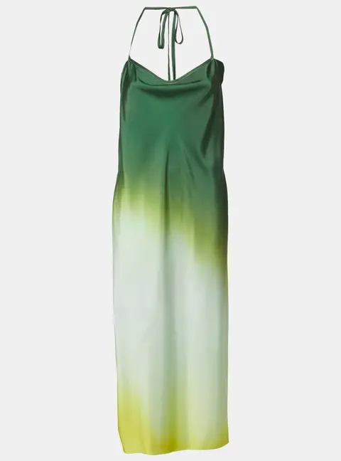 Rat & Bao Ombre Green/Multicolor Satin Halter Neck Long Dress XS