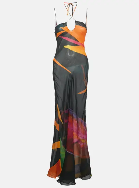Rat & Bao Multicolor Printed Crepe Sheer Maxi Dress S