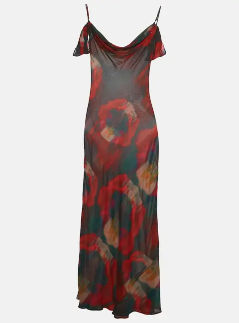 Rat & Bao Multicolor Printed Crepe Cold Shoulder Sheer Maxi Dress XS