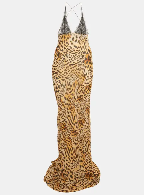 Rat & Boa Brown /Black Animal Print Crepe & Lace AKima Slip Dress L