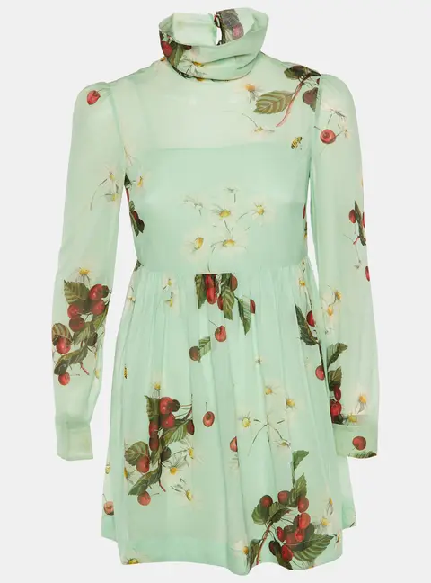 RED Valentino Green Floral Cherry Print Silk Mini Dress S