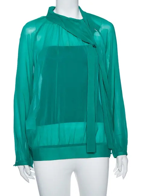 RED Valentino Teal Silk Topstitch Pleated Shoulder Detail Blouse M