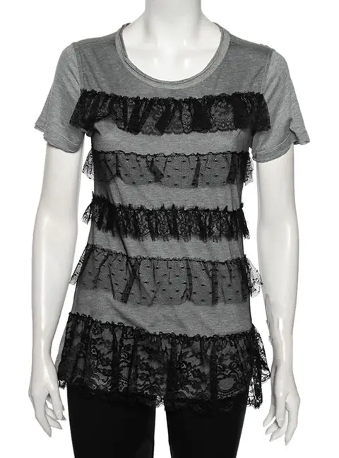 Red Valentino Grey Ruffled Lace and Jersey Short Sleeve T Shirt M