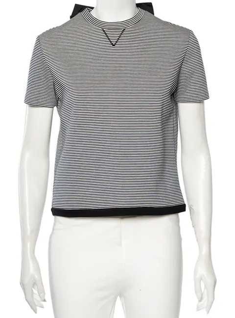 RED Valentino Monochrome Striped Knit Ruffled Trim Detailed Top M