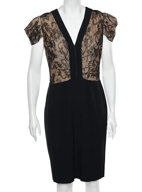 RED Valentino Black Lace & Crepe Paneled Midi Dress L